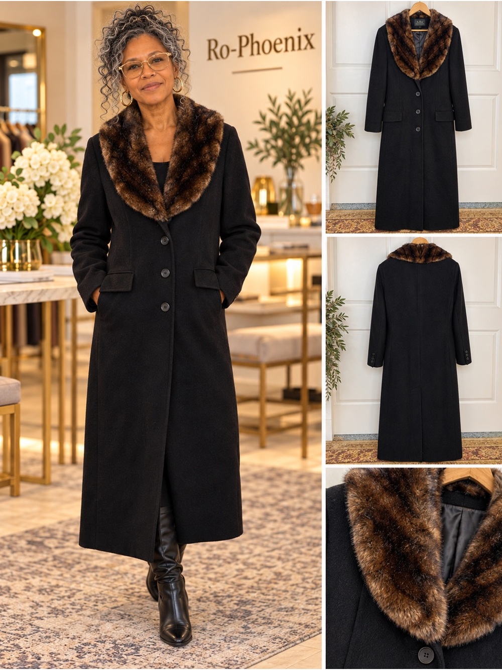Lauren Ralph Lauren Black Long Virgin Wool Coat with Brown Faux Fur Shawl